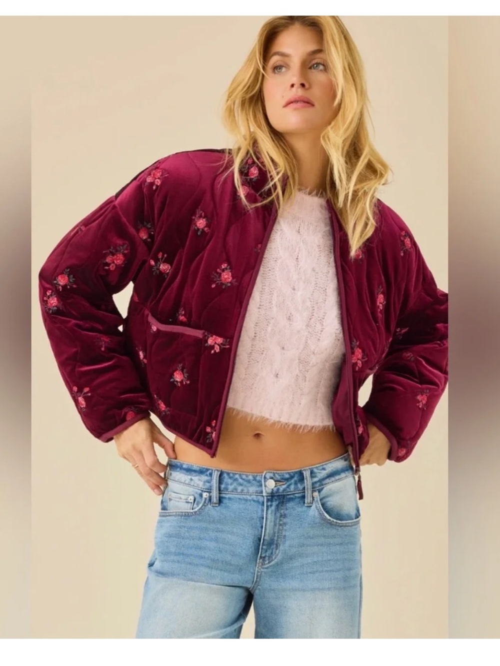 Altar'd State Wine Quilted Velvet Floral Bomber Jacket Sz XL NWOT